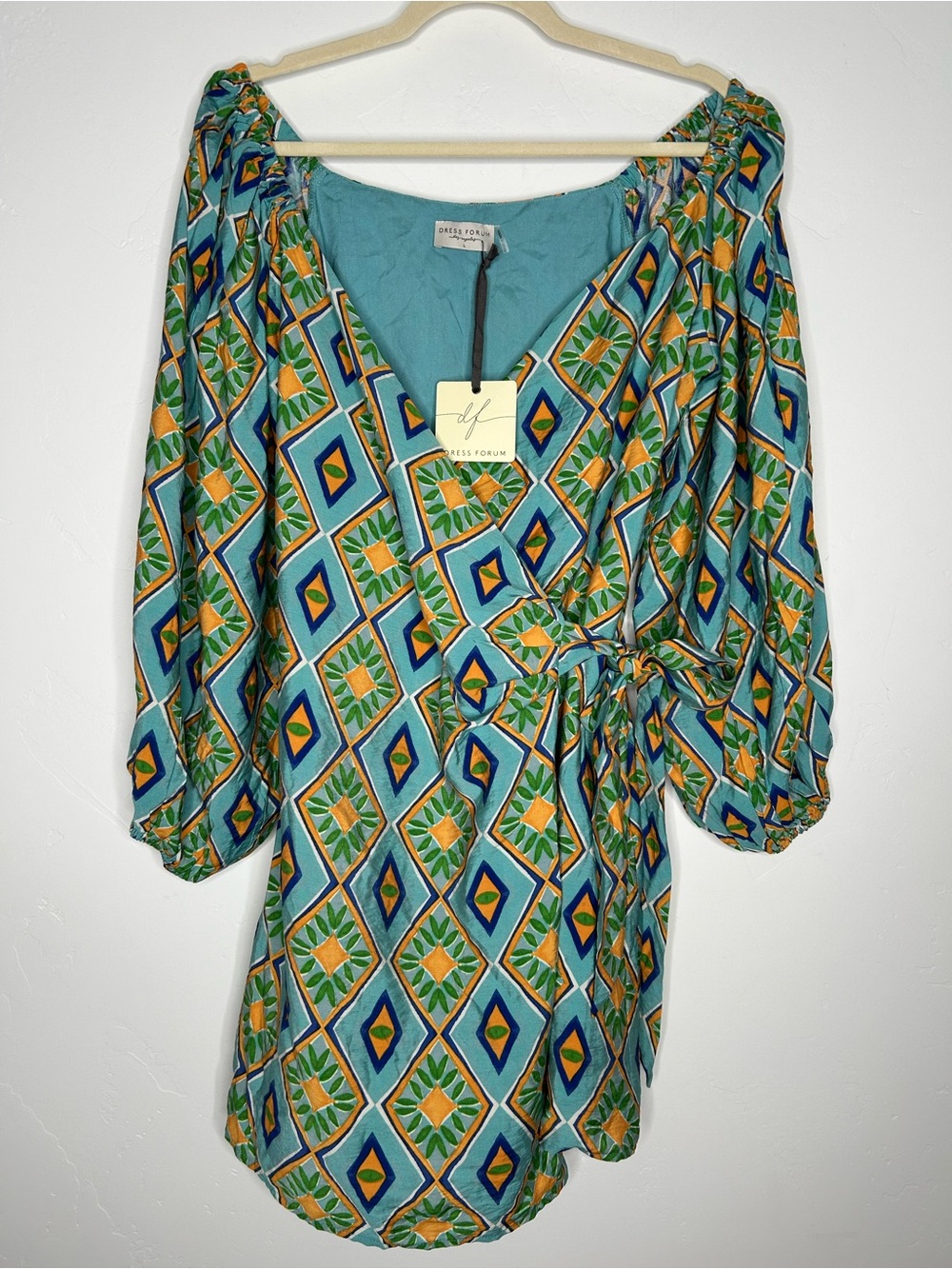 Dress Forum Aqua and Green Geometric Wrap Mini Dress Size Large NWT Vacation - Picture 3 of 14